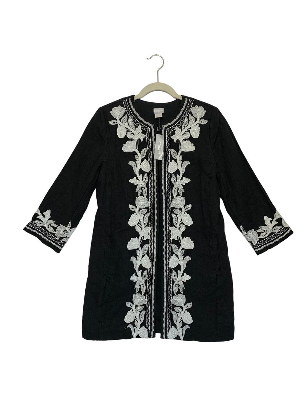 Chico's Novelty 3/4 Sleeve Floral Linen Topper Jacket NWT Women's Sz 0 (S) Black
